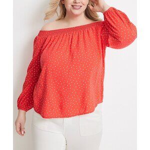Maurices Off Shoulder Blouse Shirt Womens 1X Orange Polkadots Embroidered